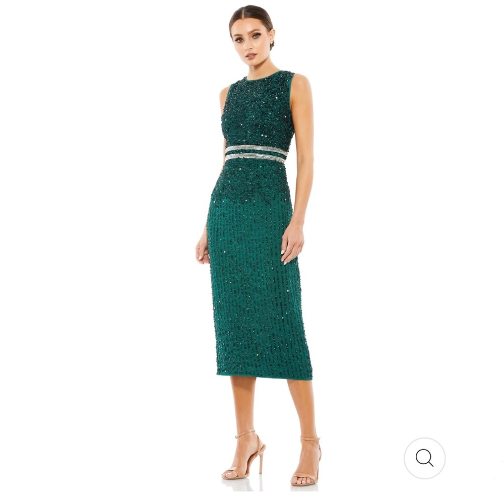 MAC DUGGAL SLEEVELESS HIGH NECK BEADED MIDI SHEATH DRESS